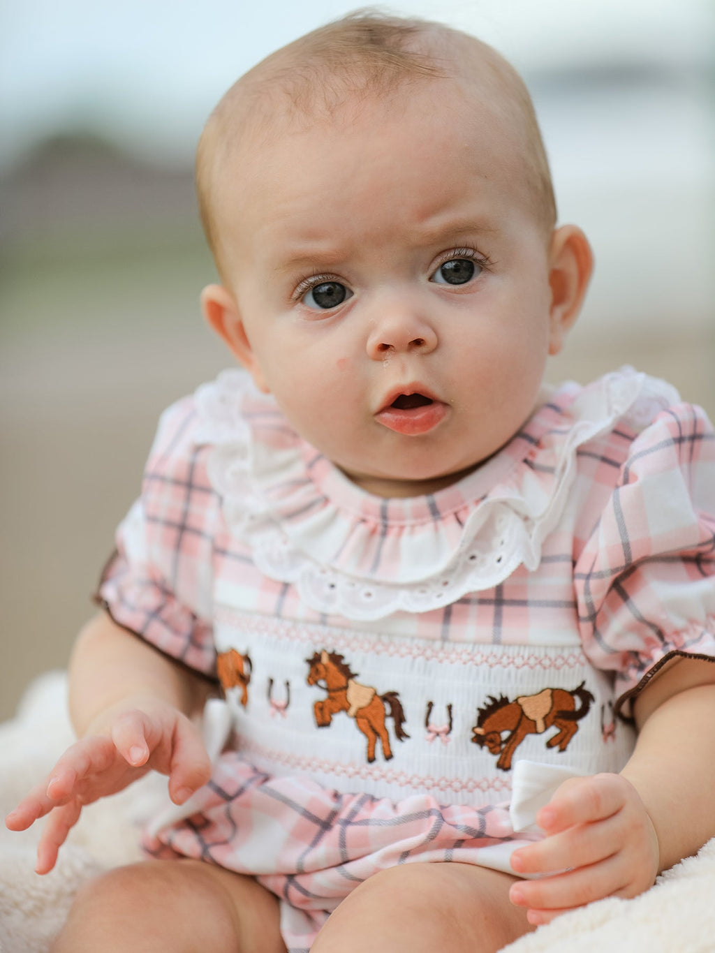 Western Horse Embroidered Smocked Plaid Baby Girl Romper