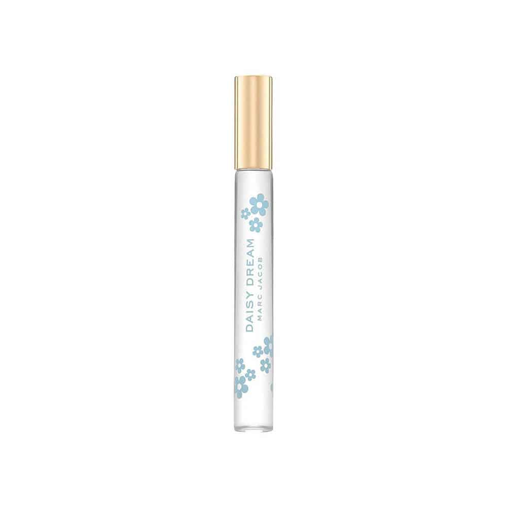 Daisy Dream rollerball perfume in clear glass bottle with blue floral print and gold cap
