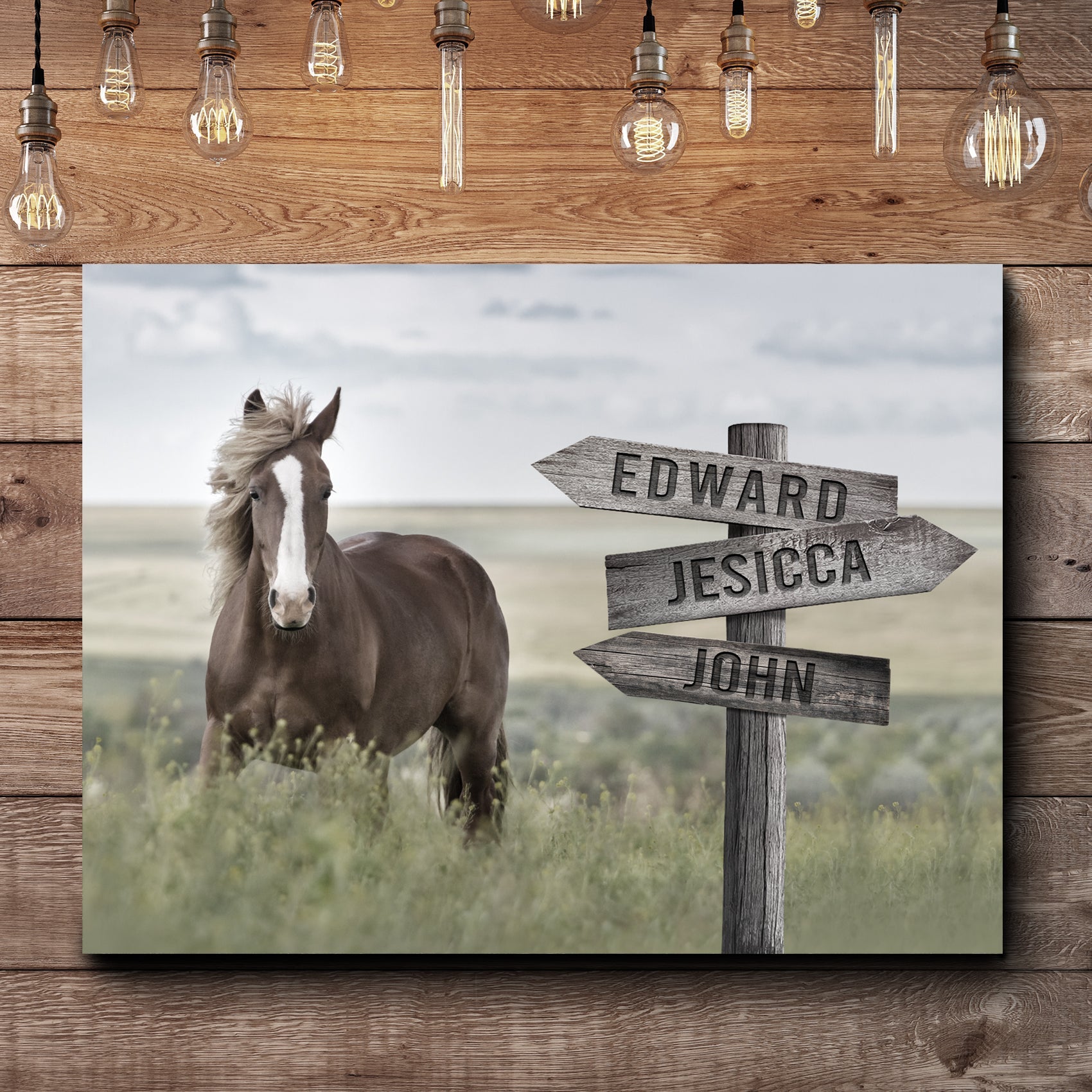 Horse wall canvas print with directional name arrows: EDWARD, JESICA, JOHN
