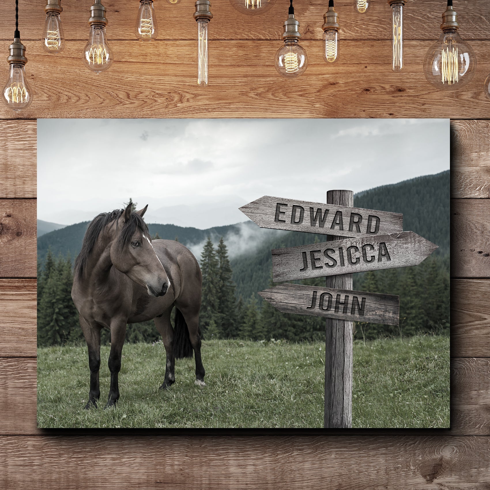 Standing horse wall canvas print with directional name arrows: EDWARD, JESICA, JOHN