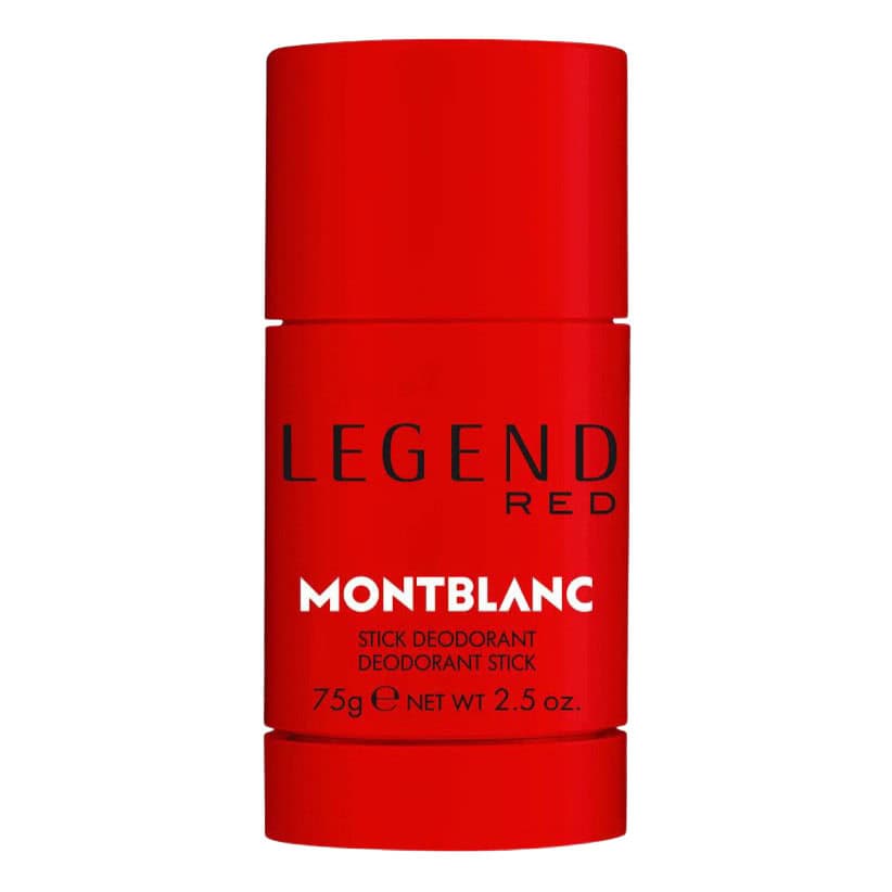 Red Montblanc Legend Red stick deodorant, 2.5 oz, cylindrical tube with branding and label.