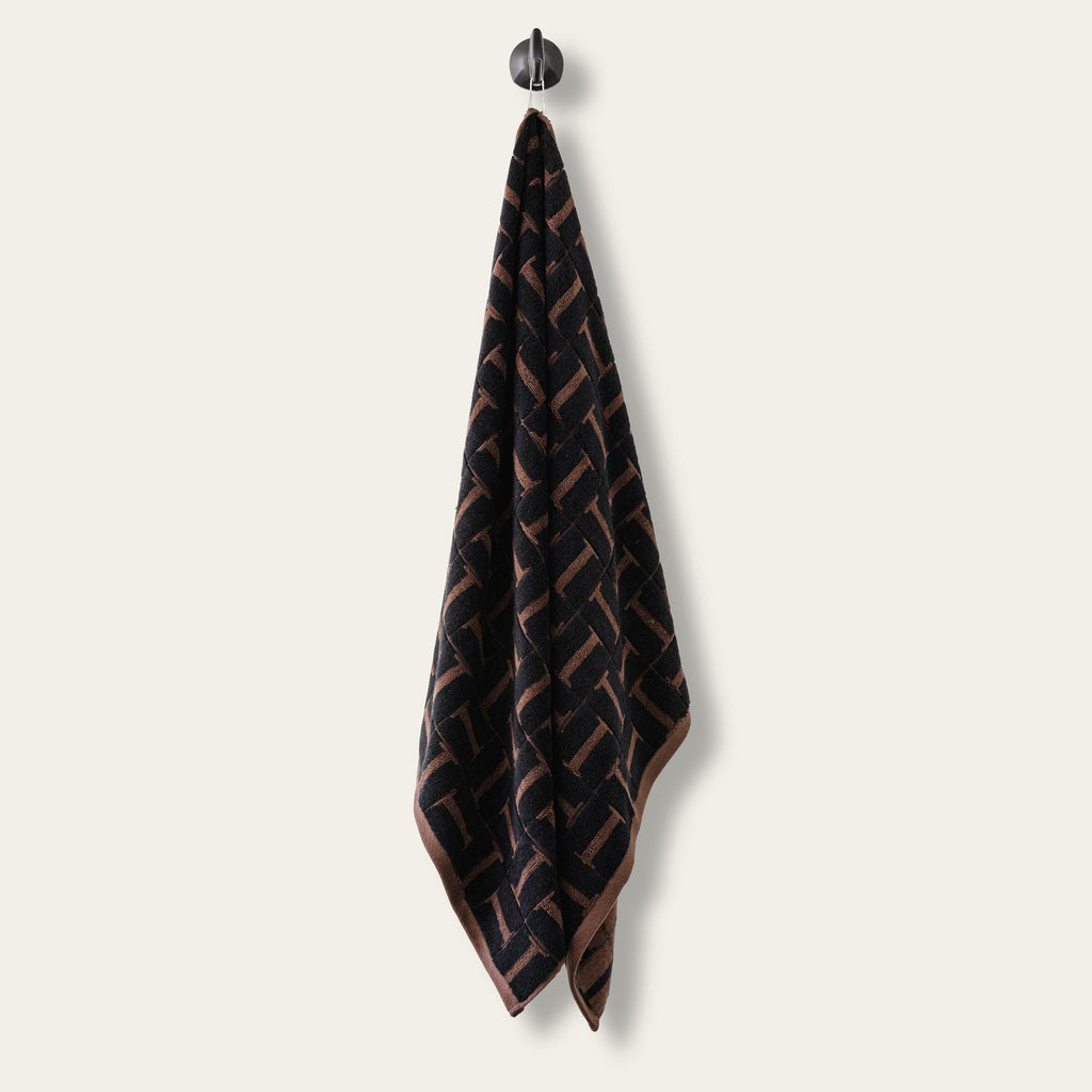 Hanging cotton towel, dark tobacco and black geometric pattern