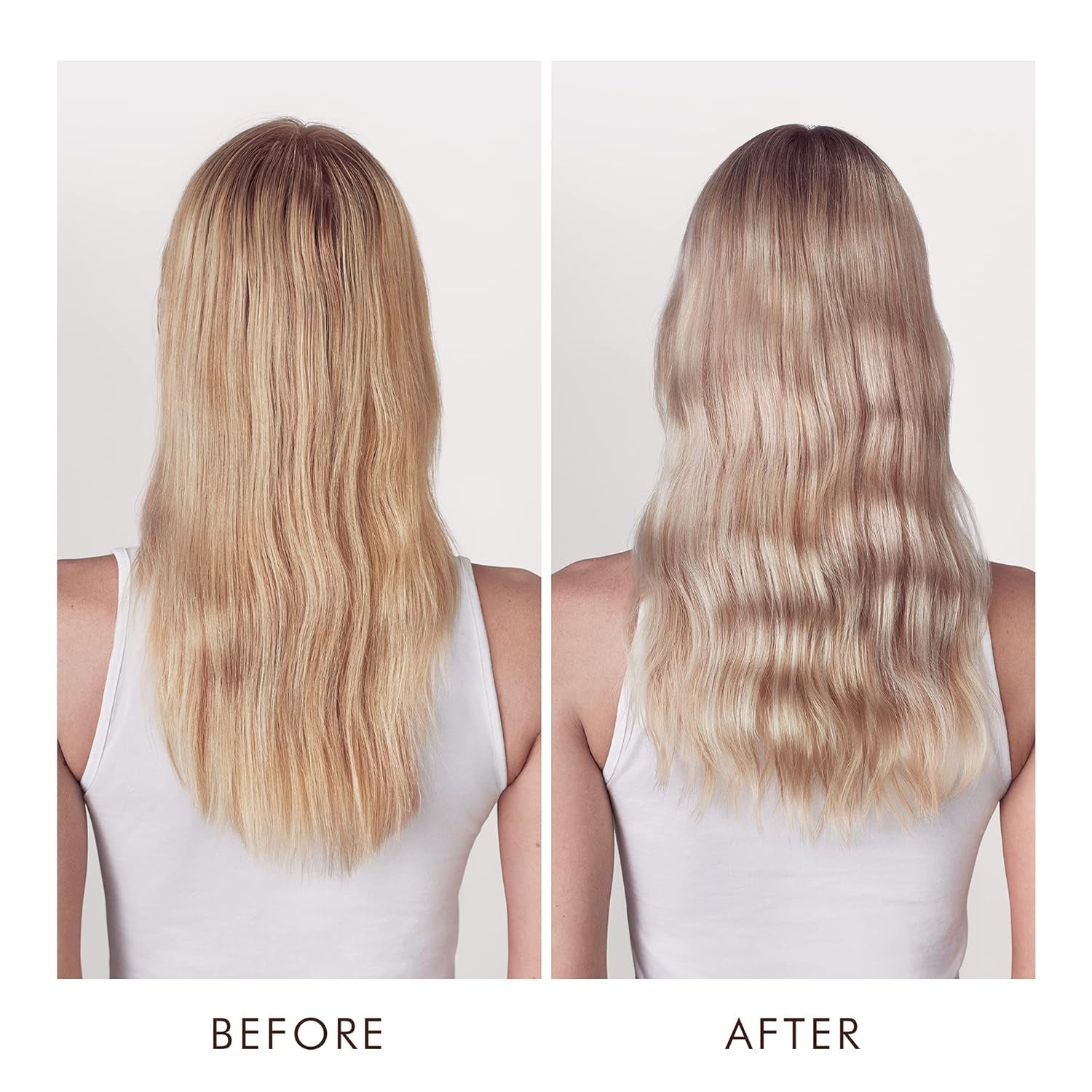 Blonde hair back view with softened warm tones after toning treatment