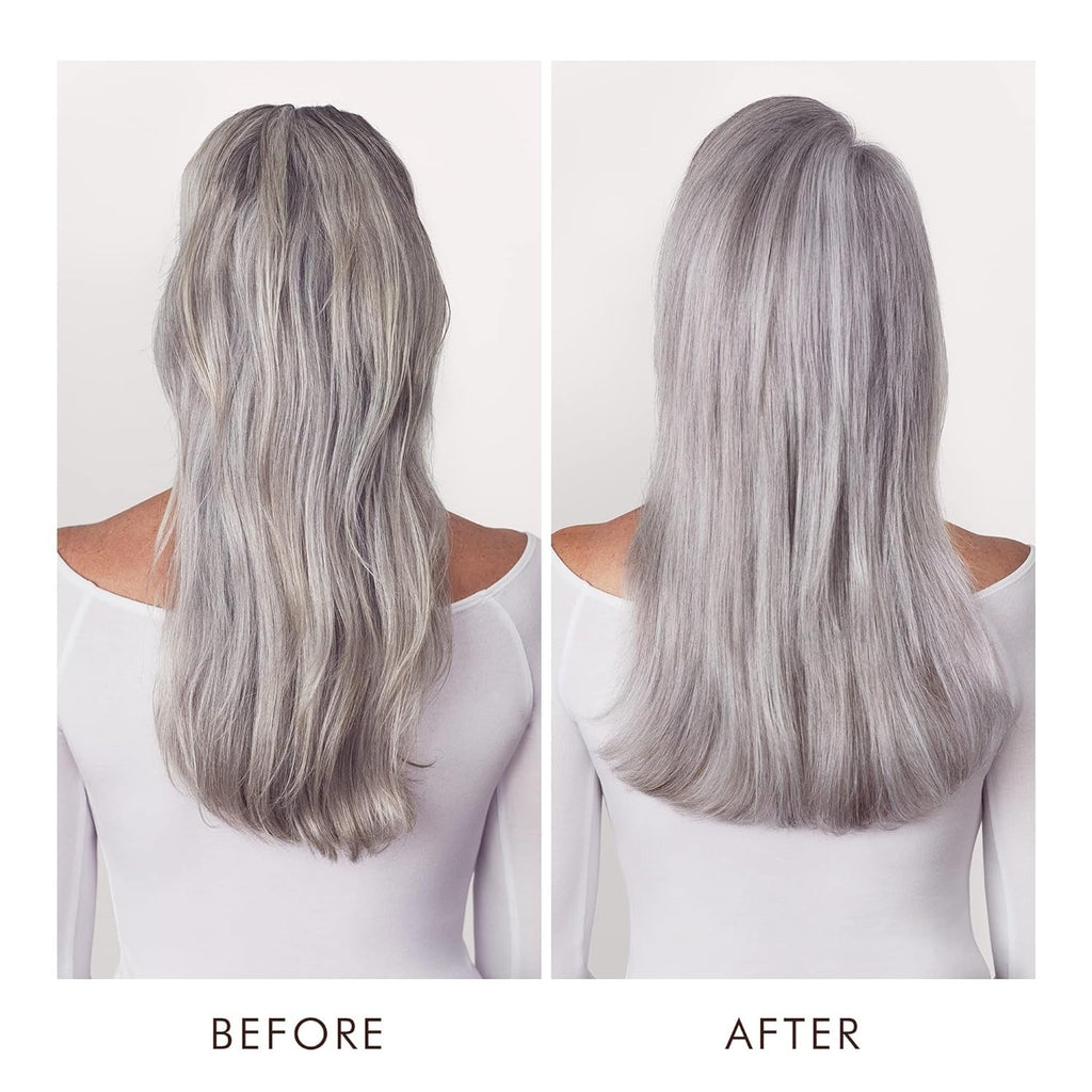 Silver-gray hair back view with cooler toned finish after conditioning