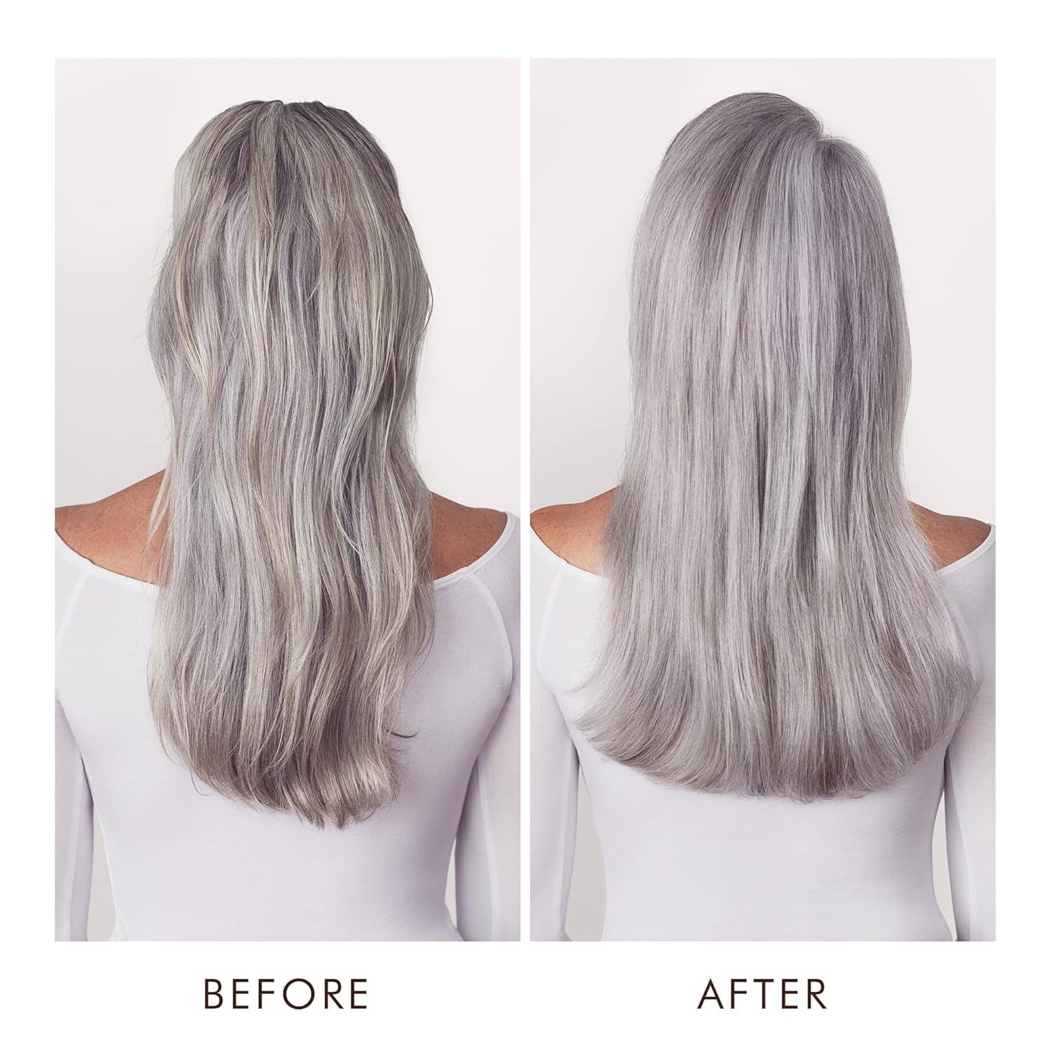 Silver-gray hair back view with cooler toned finish after conditioning