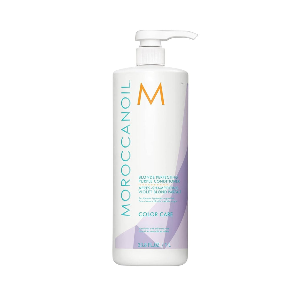 Purple conditioner bottle with pump, Moroccanoil branding and lavender label
