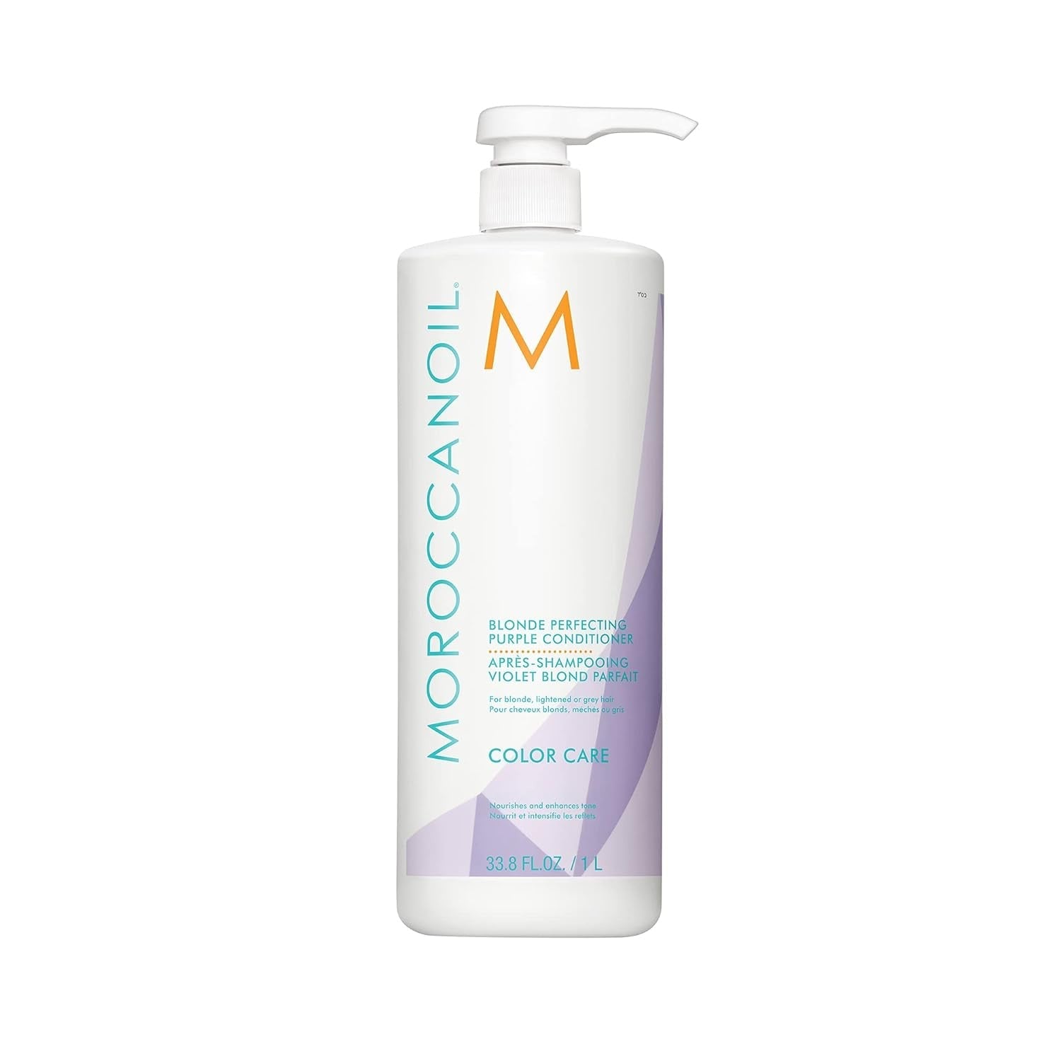 Purple conditioner bottle with pump, Moroccanoil branding and lavender label