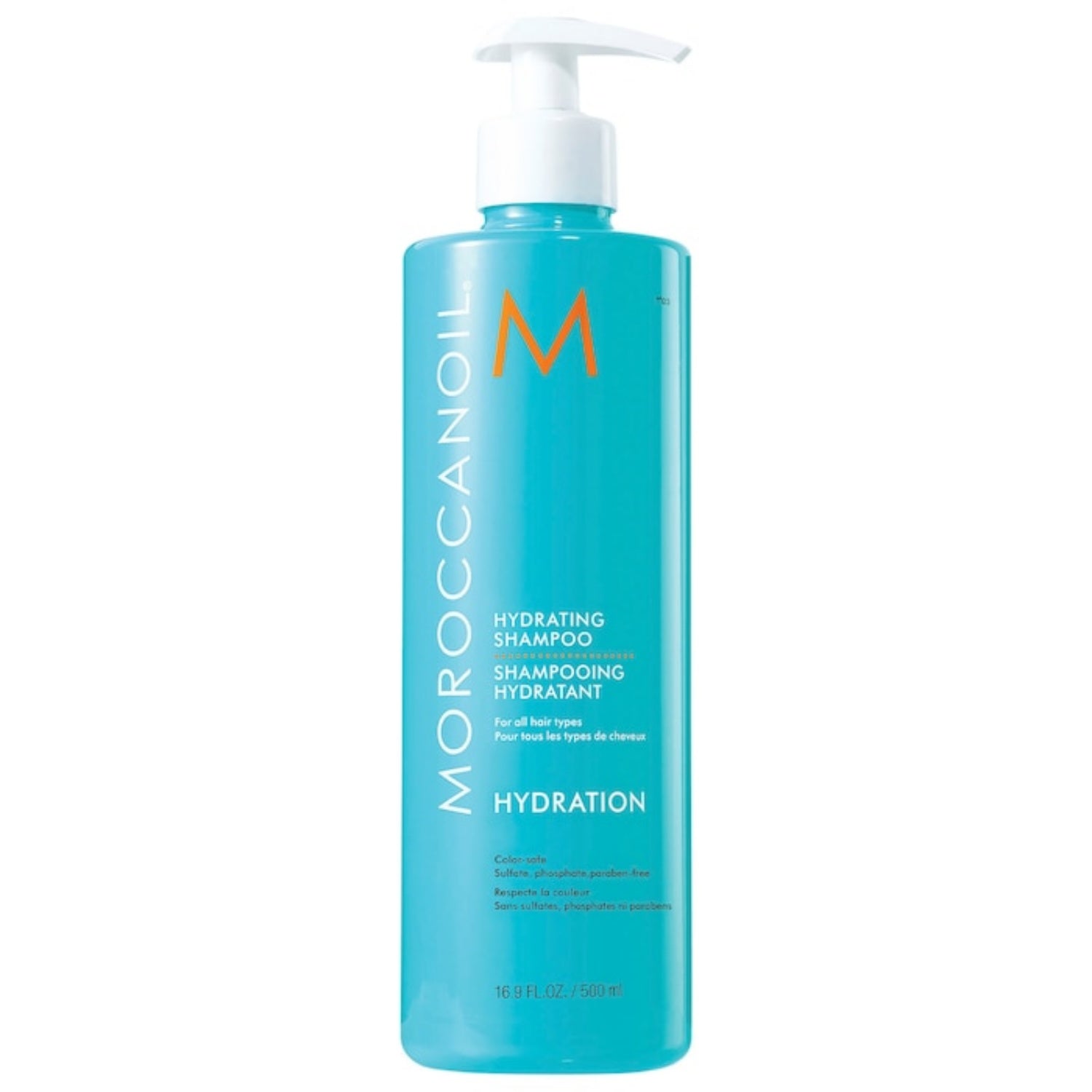 Moroccanoil Hydrating Shampoo pump bottle, teal with white dispenser top