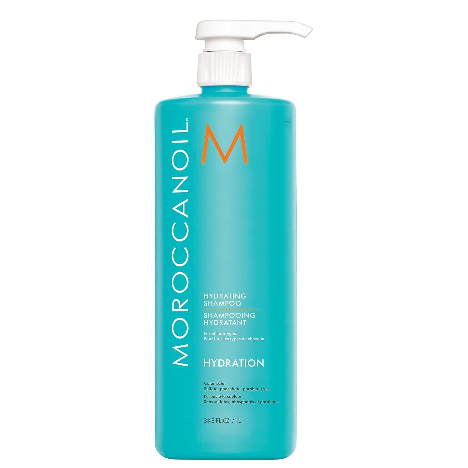 Moroccanoil Hydrating Shampoo bottle, teal with white pump dispenser