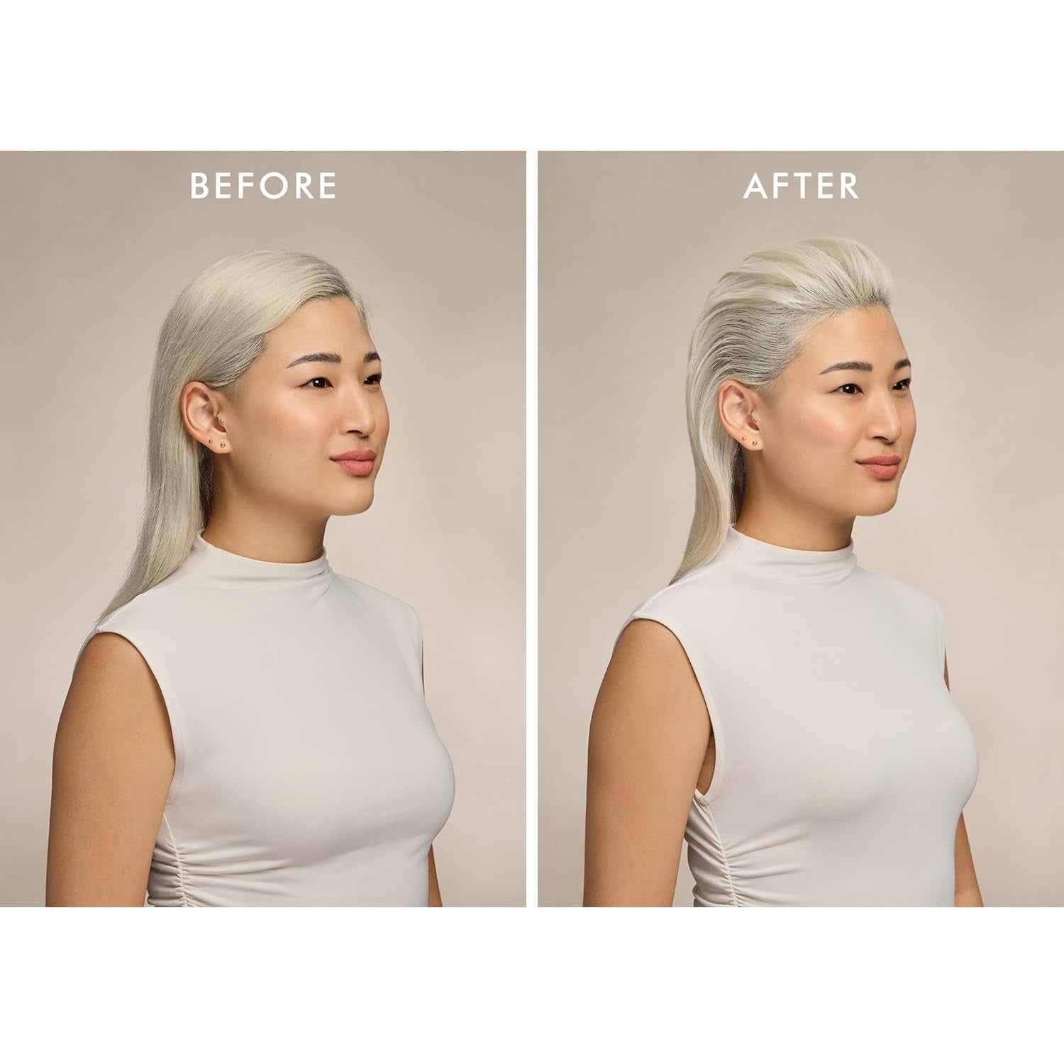 Hair volume styling spray used on straight gray-blonde hair, side view