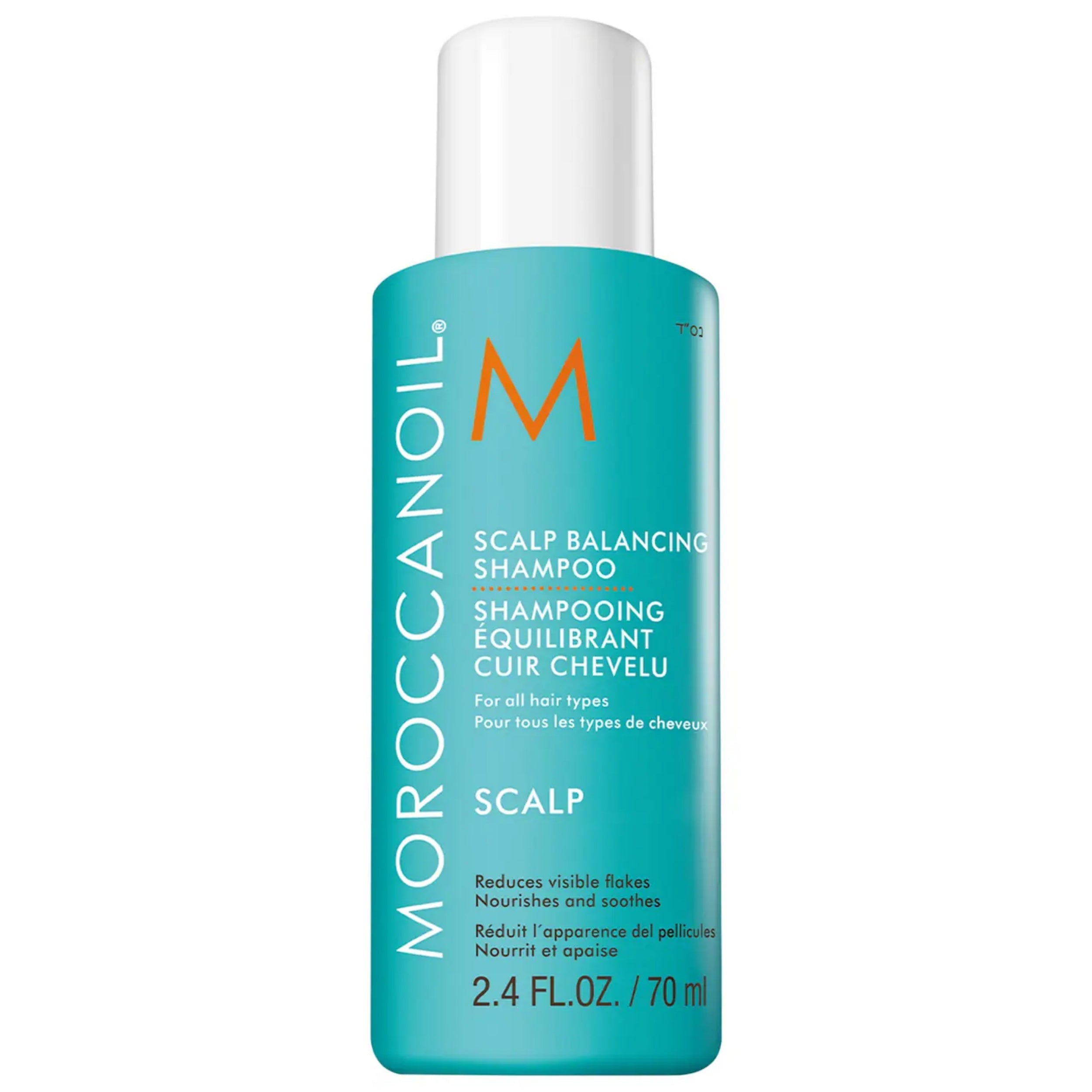 Moroccanoil scalp balancing shampoo bottle, teal with white cap, 2.4 fl oz (70 ml)