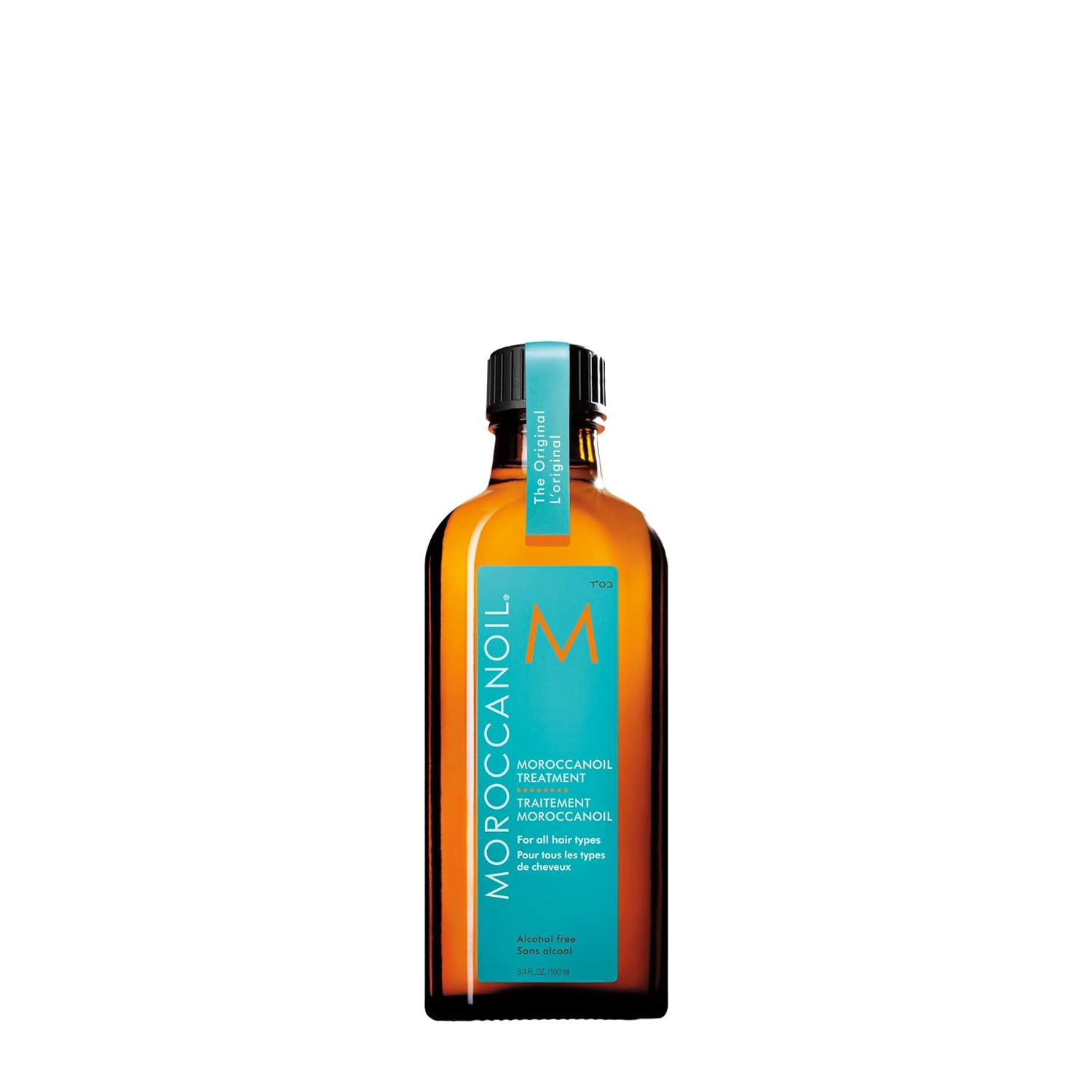 Hair treatment oil bottle, amber-orange with teal label and black pump cap