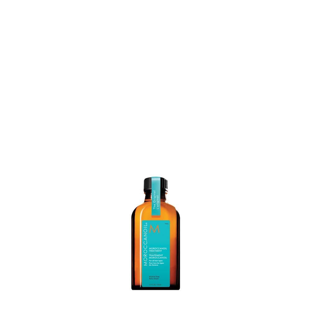 Hair treatment oil bottle, small front view with amber-orange body and teal label