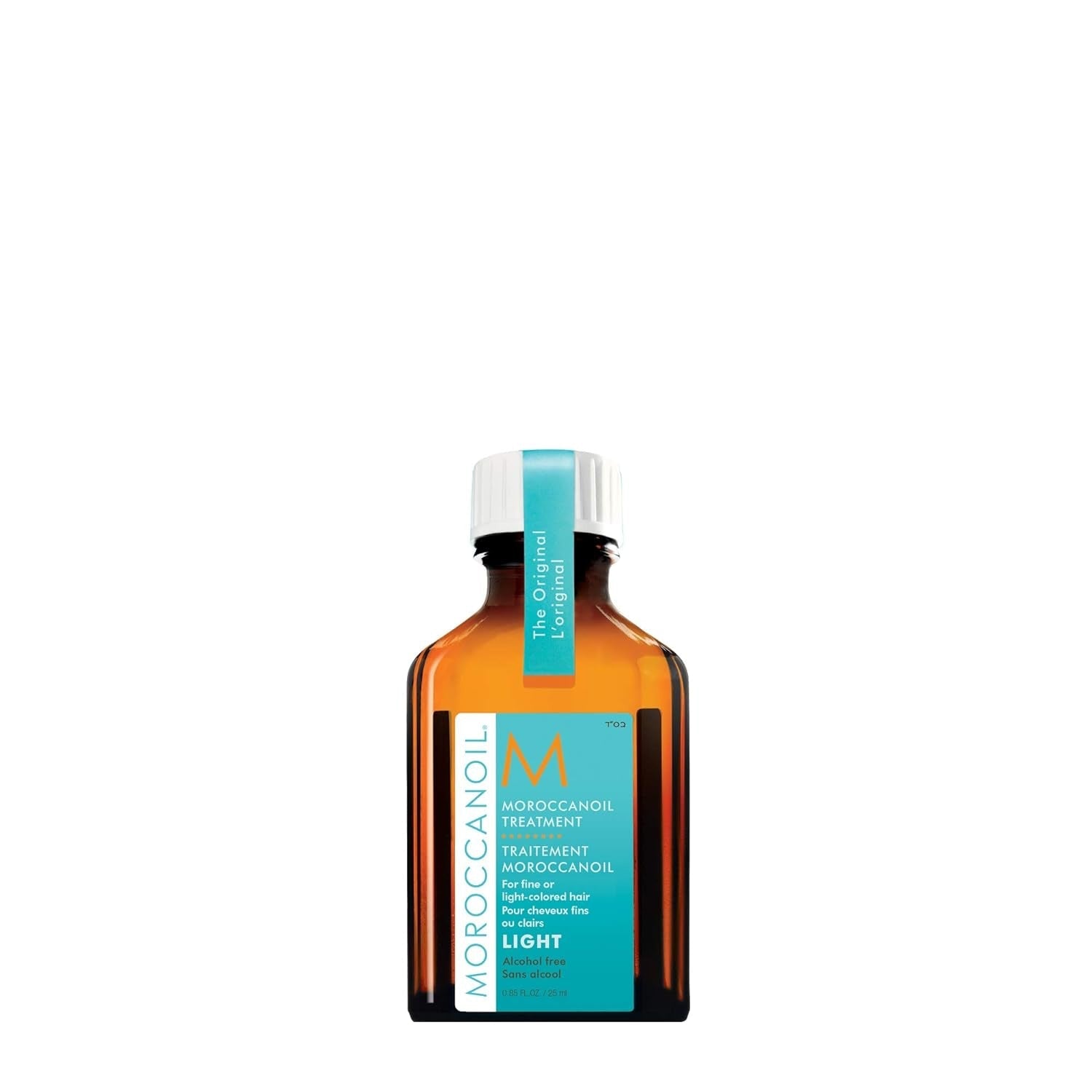 Light hair treatment bottle with amber glass, teal label, and white cap