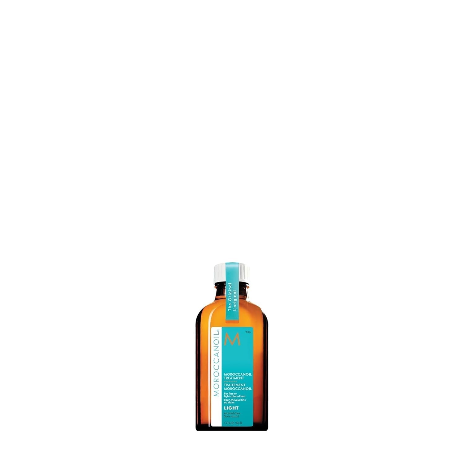 Small light hair treatment bottle, amber glass with teal label and white cap