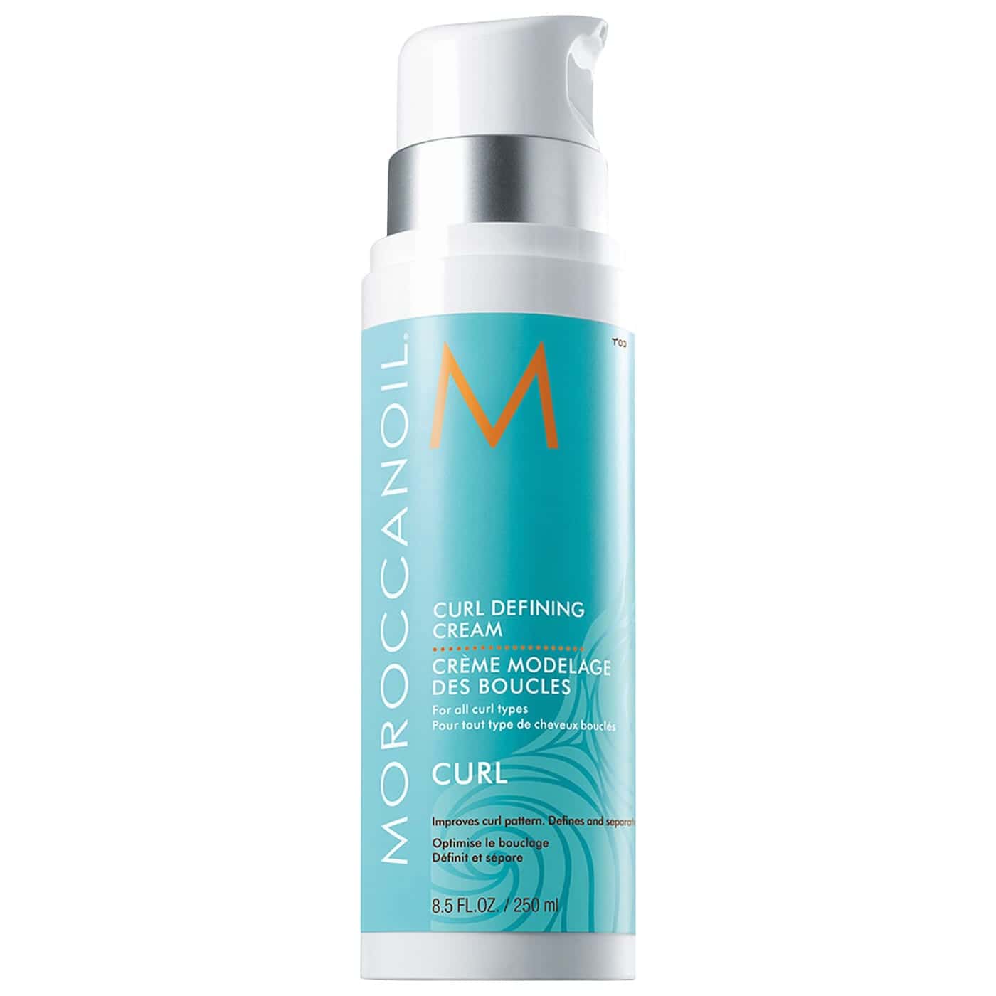 Curl defining cream bottle with silver pump, turquoise label and Moroccanoil logo