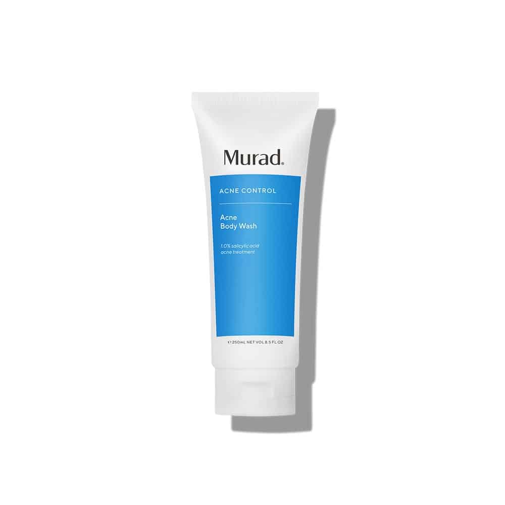 Acne control body wash squeeze tube, white with blue label, 8.5 oz