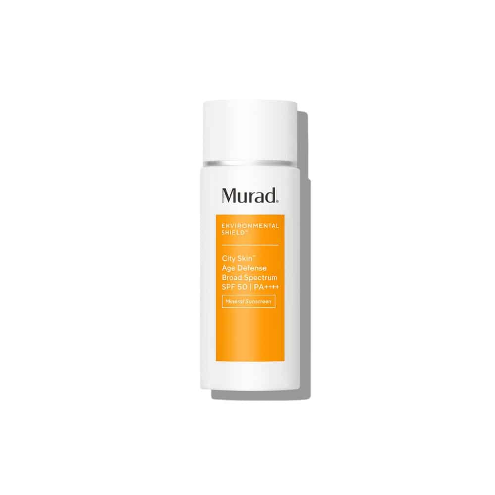 Murad City Skin Age Defense sunscreen SPF bottle, white with orange label