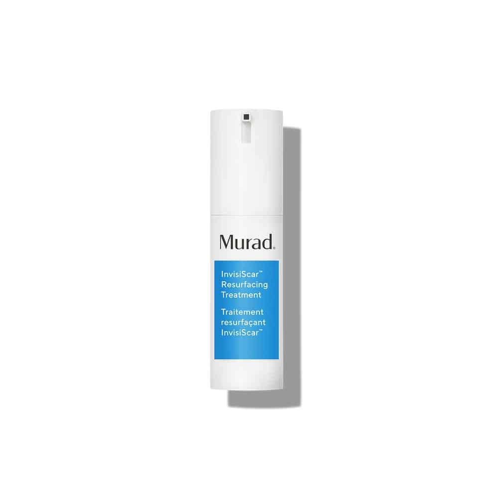 White skincare bottle with blue resurfacing treatment label