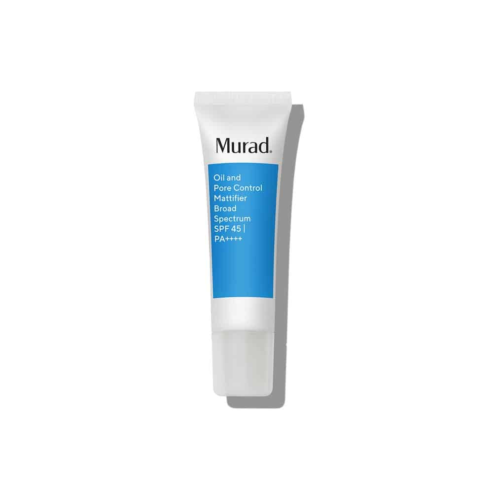 Murad Oil and Pore Control Mattifier SPF 45 sunscreen in white tube, blue label