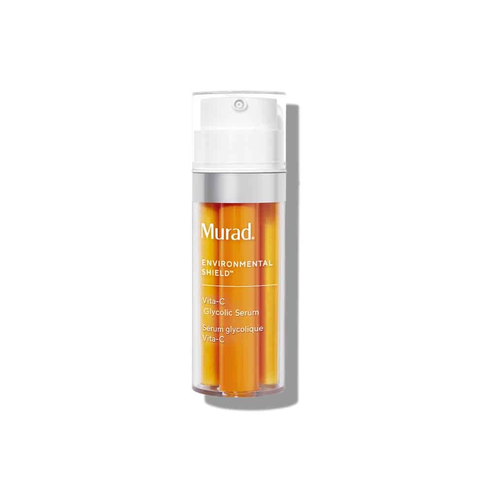 Murad Vita-C glycolic serum in white pump bottle with amber liquid