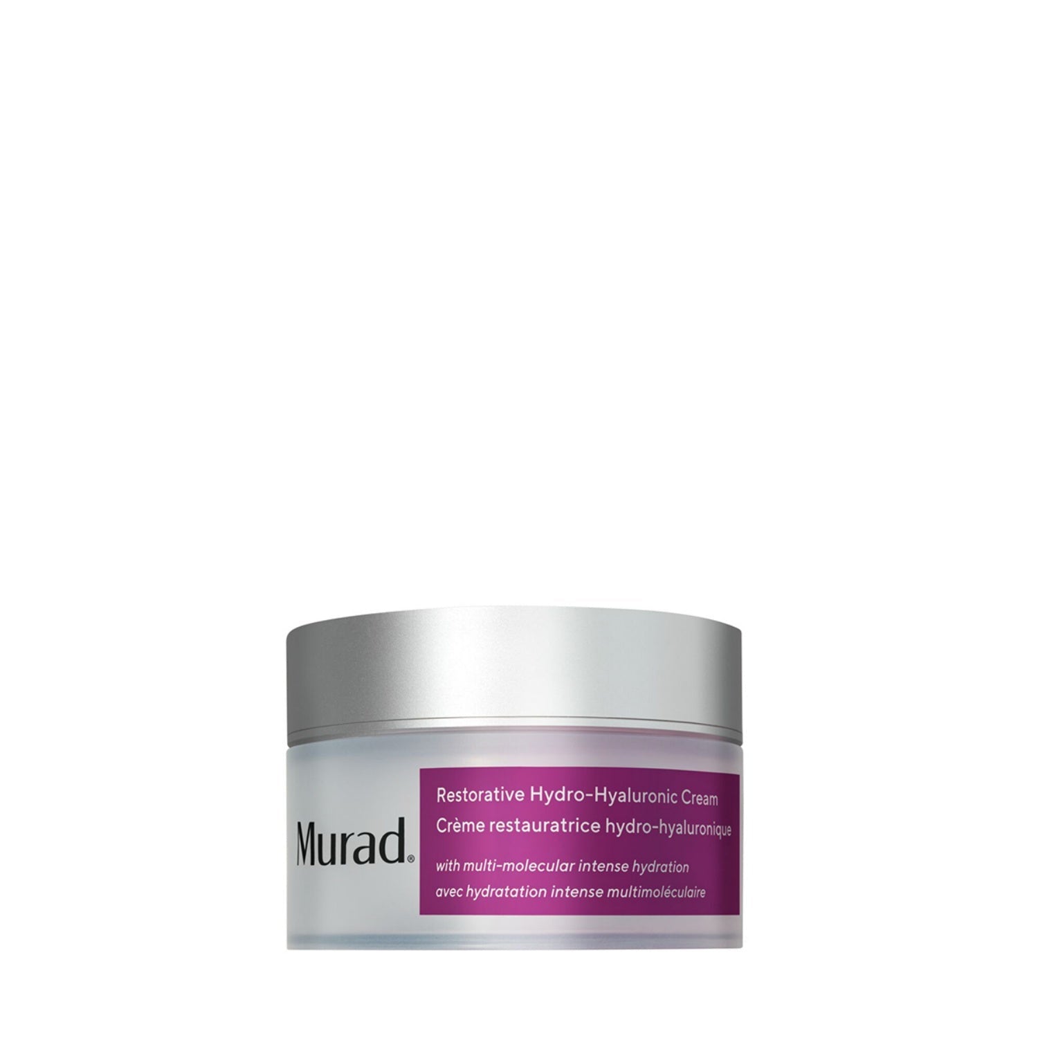 Moisture cream jar with silver lid, Murad label and purple product panel
