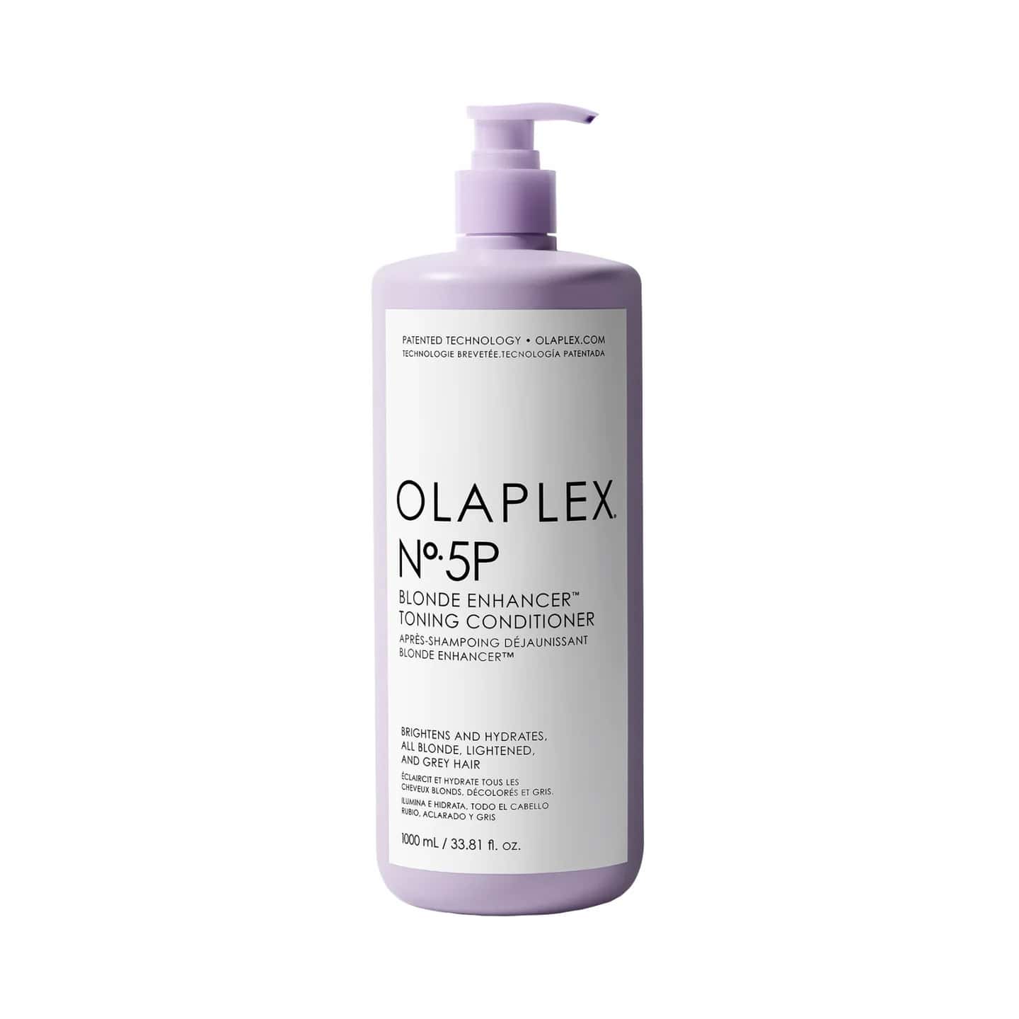 Olaplex blonde enhancer toning bottle with pump dispenser and light purple label