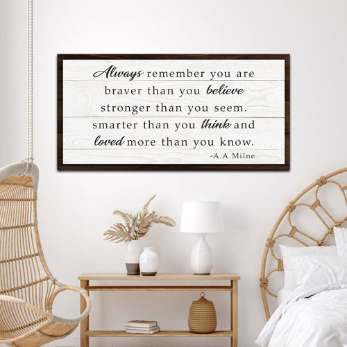 Framed wall canvas sign with inspirational quote, dark wood border, white background