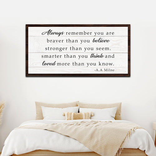 Framed wall canvas sign with inspirational quote, dark wood frame and white panel