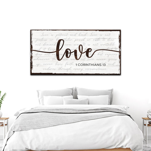 Framed love quote canvas sign with cursive “Love” and “1 CORINTHIANS 13”