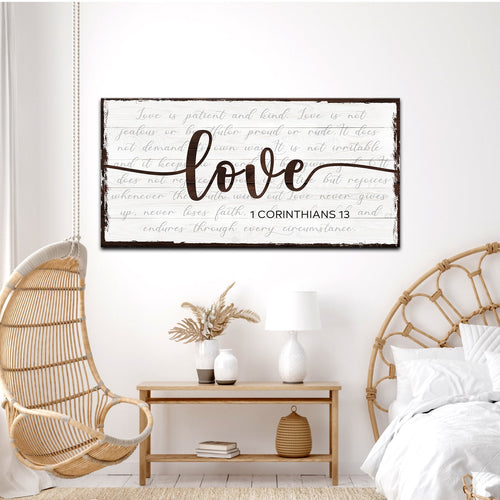 Framed wall love quote canvas sign with cursive “Love” and “1 CORINTHIANS 13”