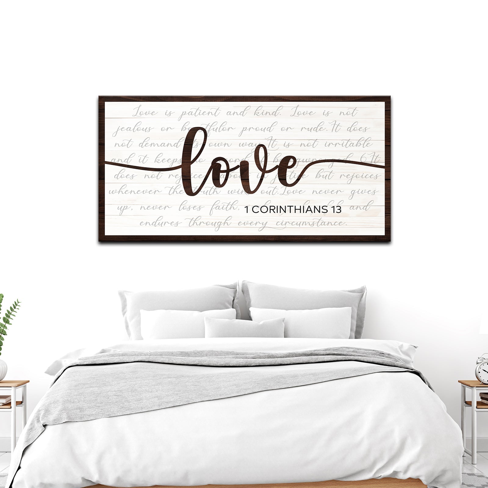 Framed love quote canvas sign featuring cursive “Love” and “1 CORINTHIANS 13” text