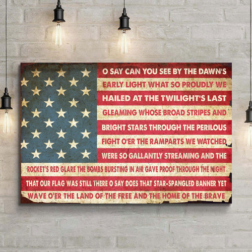 Patriotic canvas sign with blue stars and bold red/cream lettering banner
