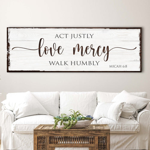 Wood wall sign with “Act Justly,” “Love Mercy,” “Walk Humbly,” and “Micah 6:8”