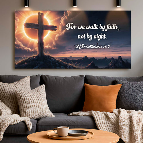 Wall canvas print with cross and faith quote, sunrise clouds background