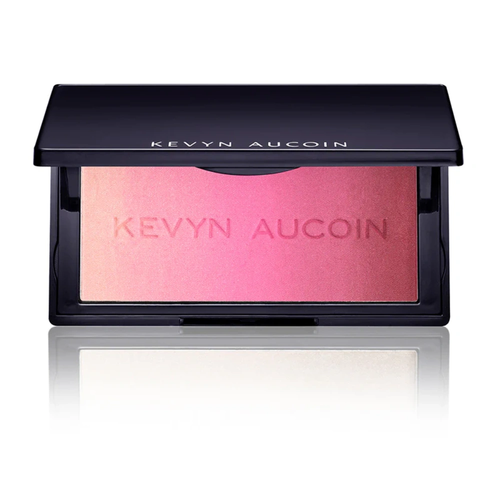 Shimmer blush compact with pink-magenta powder pan in black case