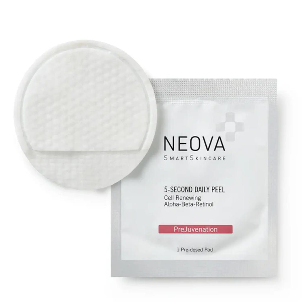 Neova 5-second peel pre-dosed pad on white backing beside pouch