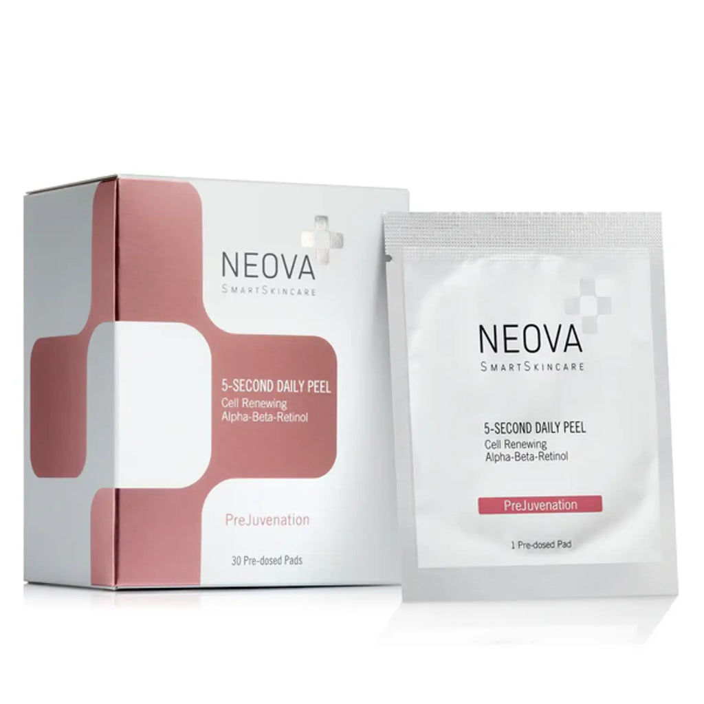 Neova peel pads set: pink-and-white box and single pre-dosed pad pouch
