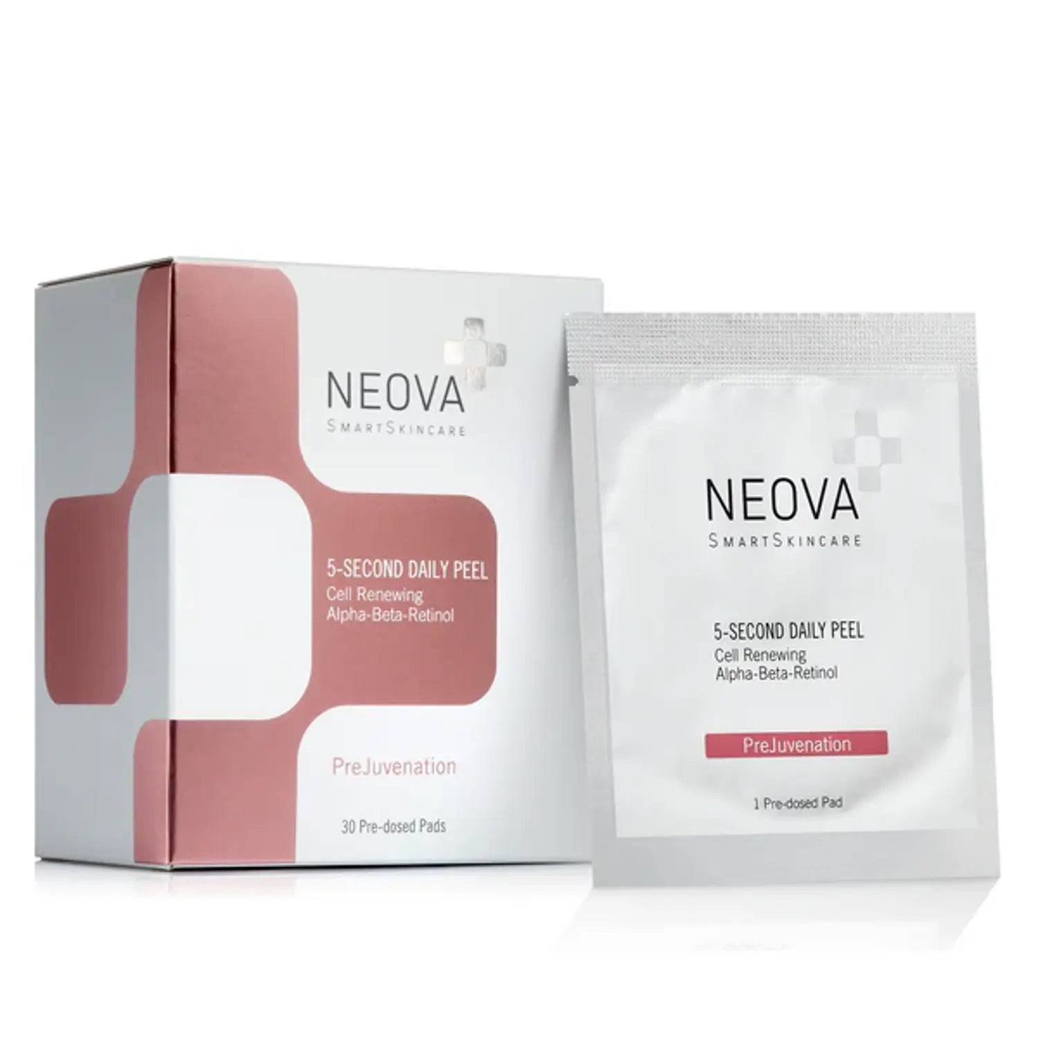 Neova peel pads set: pink-and-white box and single pre-dosed pad pouch