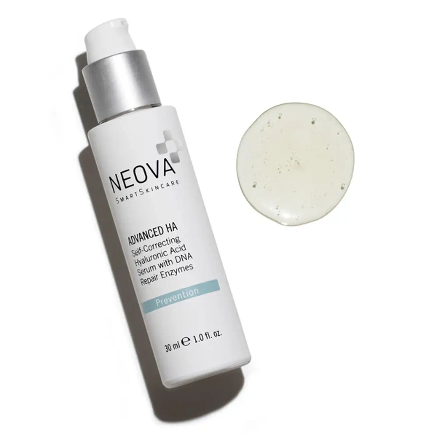 Neova Advanced HA serum bottle with embossed label and serum texture circle