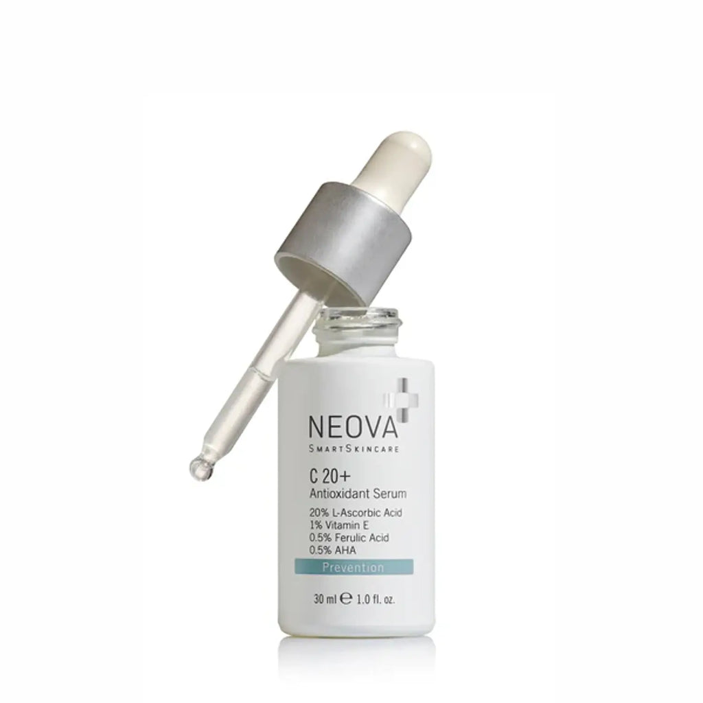 C20+ antioxidant serum bottle with dropper, 1 oz glass, silver collar and cap