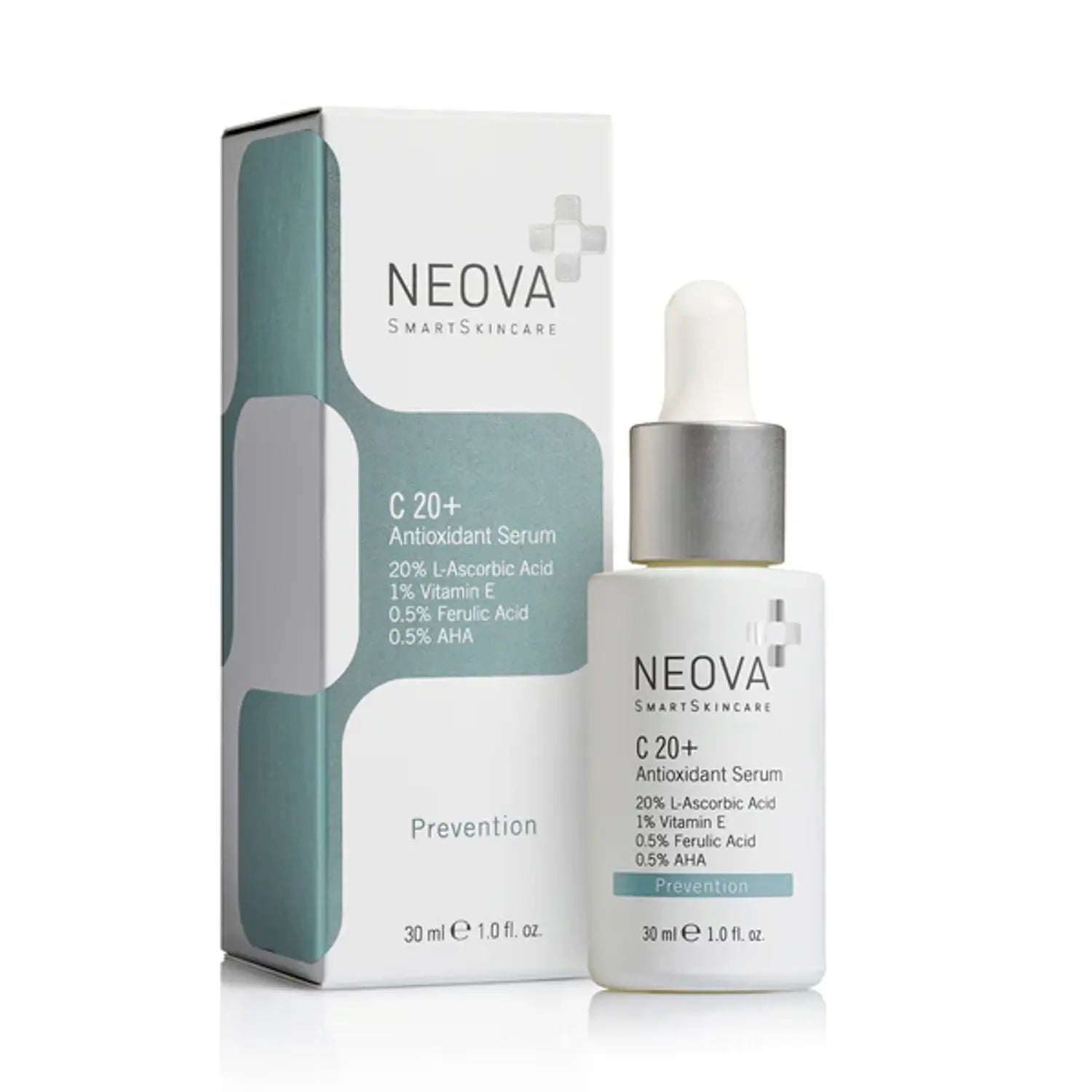 C20+ antioxidant serum box and 1 oz glass bottle with dropper, silver cap