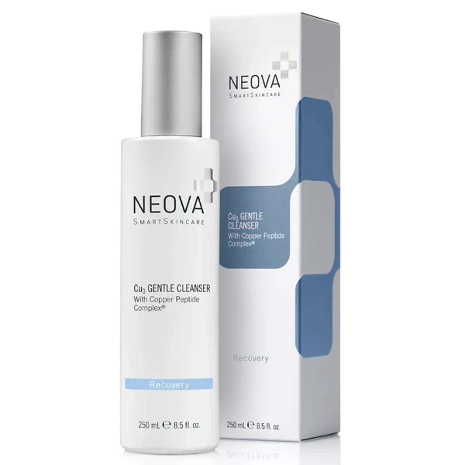 NEOVA gentle cleanser bottle with silver pump cap and box, 8.5 oz