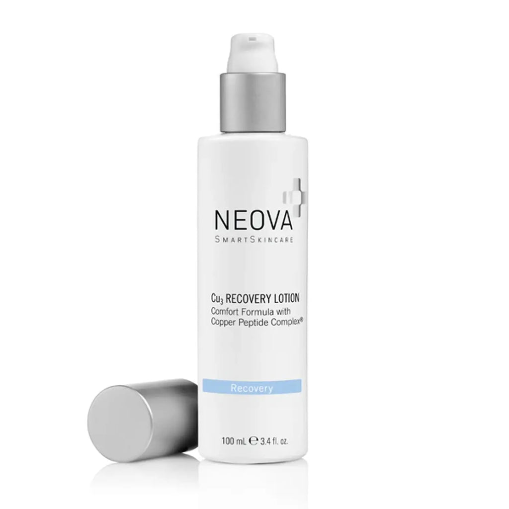 NEOVA Cu3 recovery lotion bottle with silver pump top, 3.4 oz