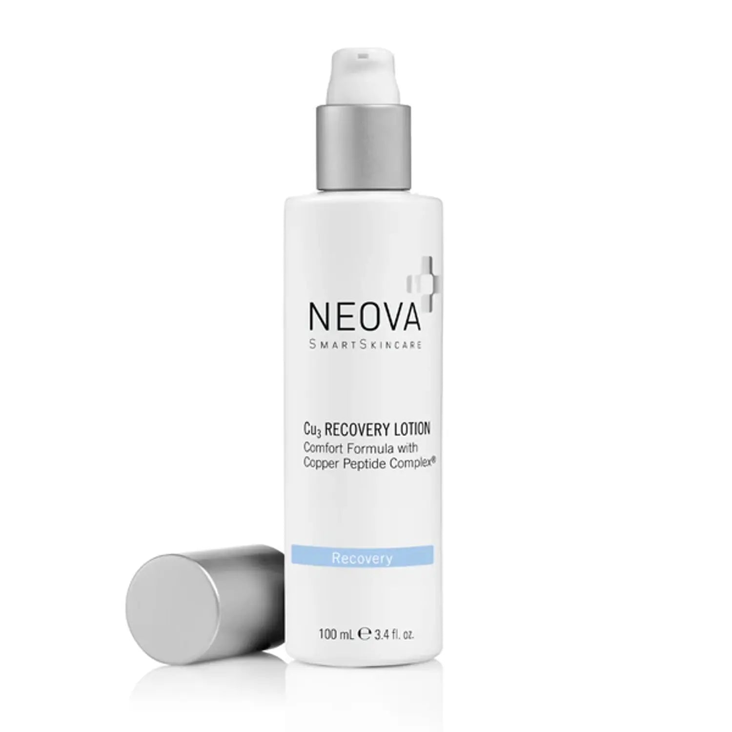 NEOVA Cu3 recovery lotion bottle with silver pump top, 3.4 oz