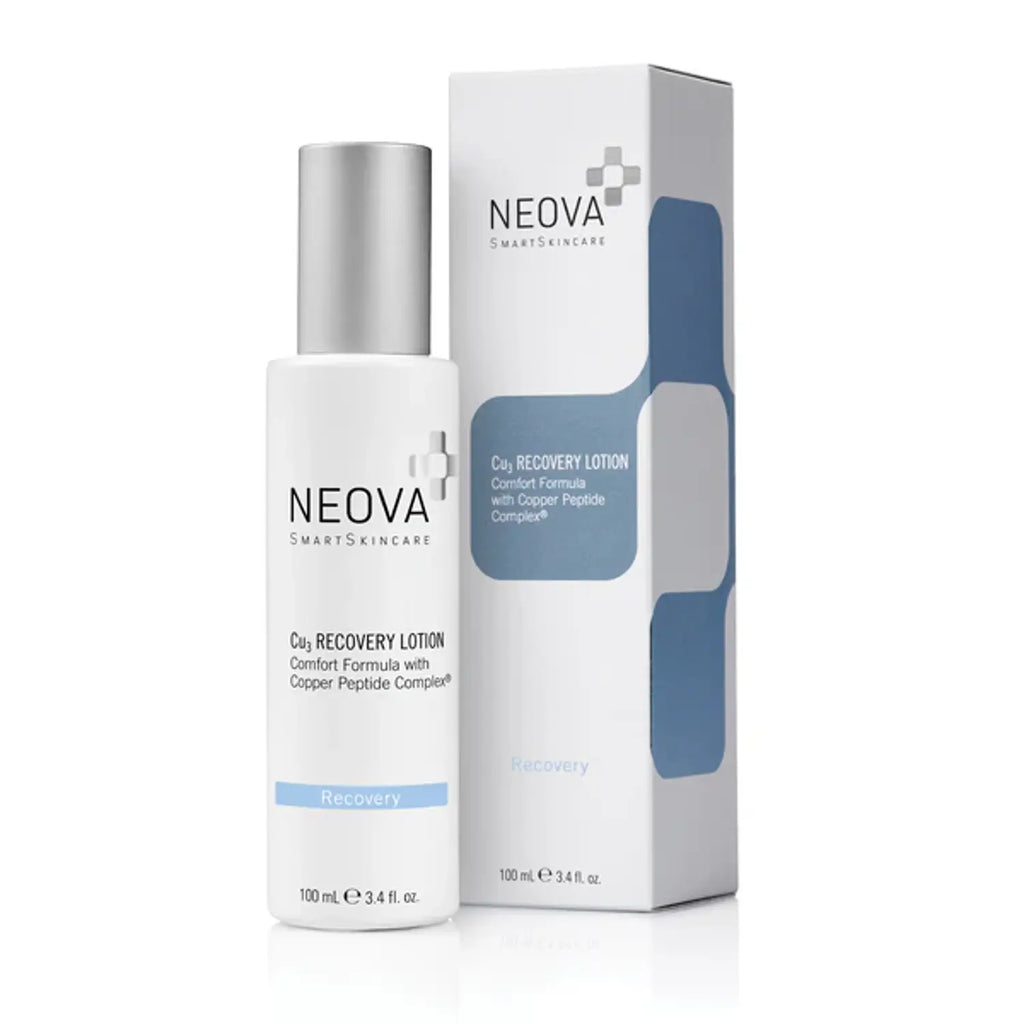 NEOVA Cu3 recovery lotion bottle and carton, 3.4 oz, with pump top
