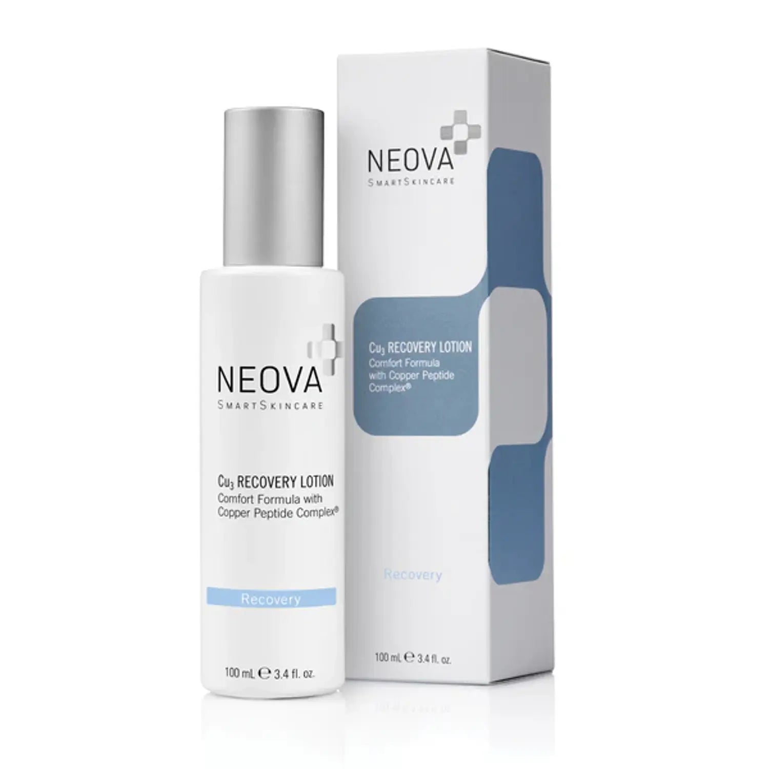 NEOVA Cu3 recovery lotion bottle and carton, 3.4 oz, with pump top