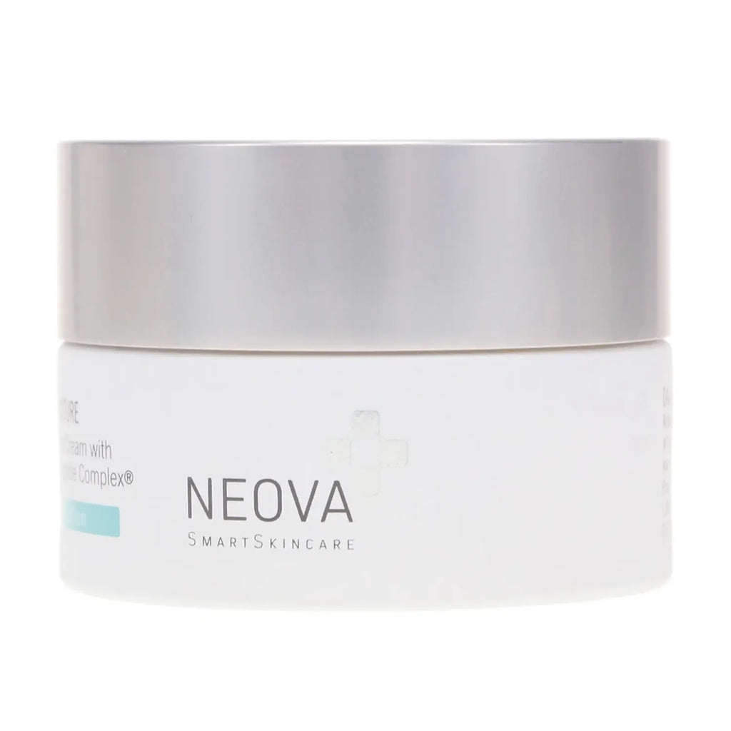 Neova daily moisture cream jar with silver lid, white side label with NEOVA SMARTSKINCARE
