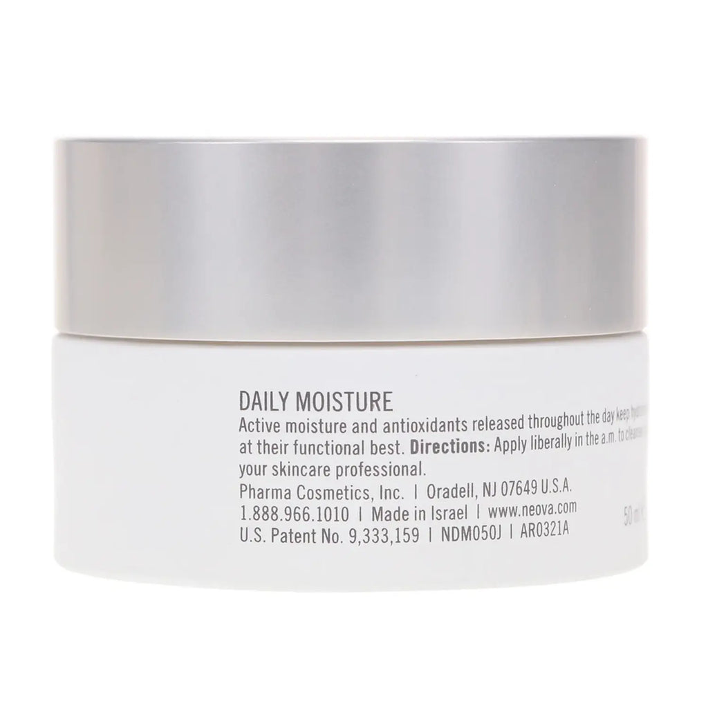 Neova daily moisture cream jar back label with active moisture and directions text