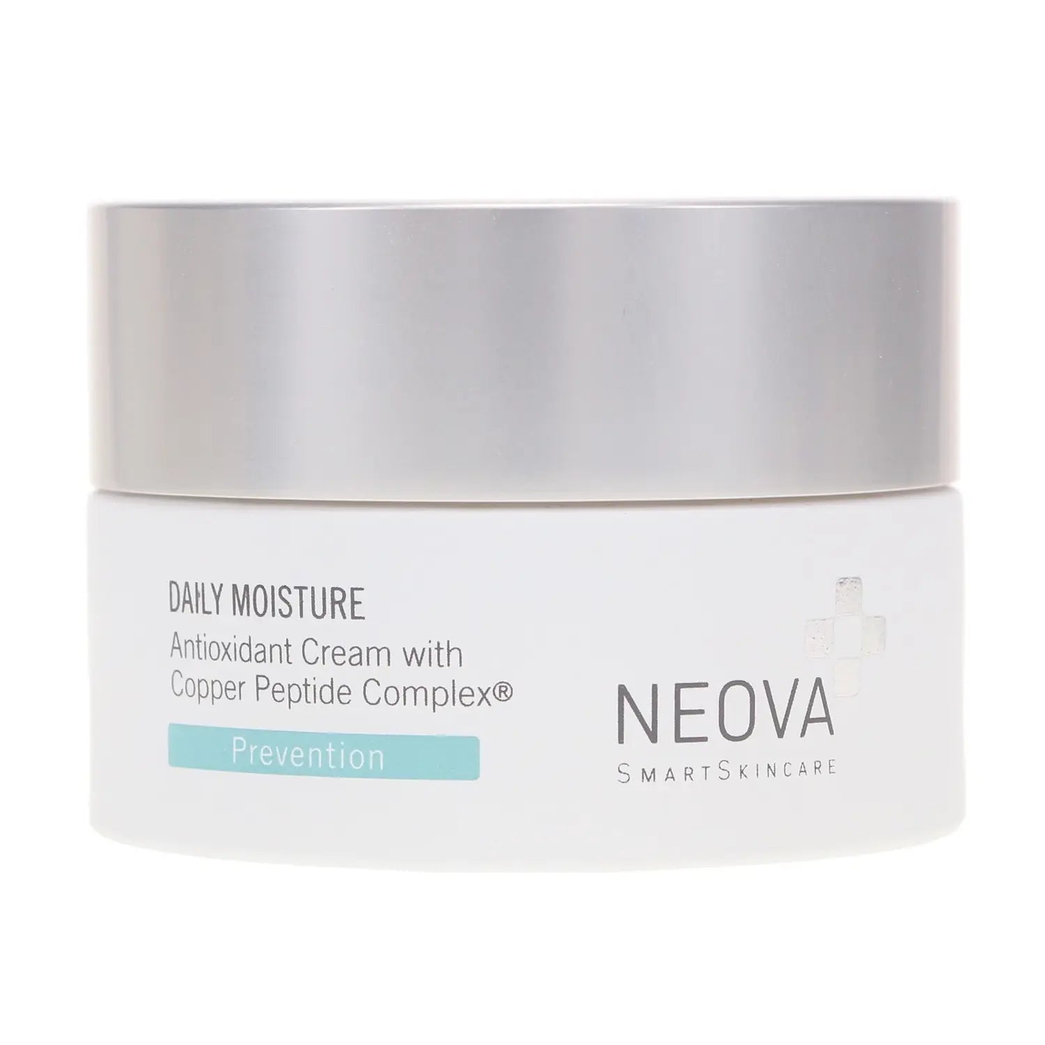Neova daily moisture cream jar with silver lid, white front label and Copper Complex text